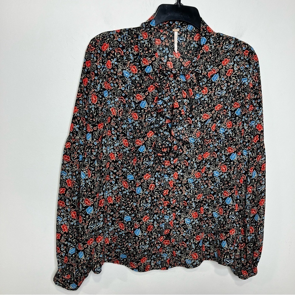 Free people floral ruffle front blouse balloon sleeves size small